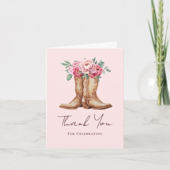 Boho Cowboy Stövlar och Rosablommiga Blommor Tack Kort (Framsida)