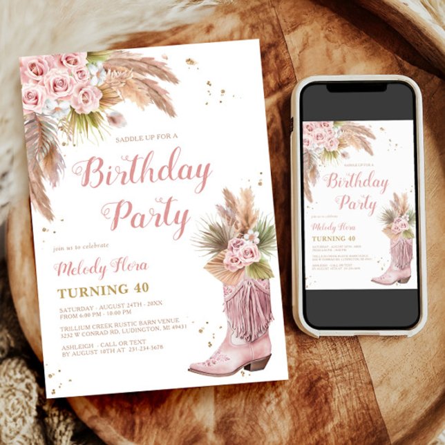 Boho Cowgirl Boot Pampas Grass Ro 40:e födelsedage Inbjudningar (Boho Cowgirl Boot Pampas Grass Roses 40th Birthday Invitation)