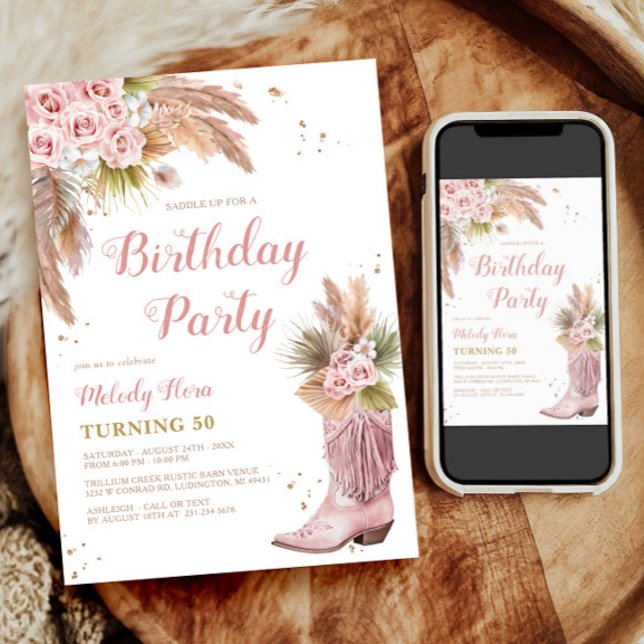 Boho Cowgirl Boot Pampas Grass Ro 50:e födelsedage Inbjudningar (Boho Cowgirl Boot Pampas Grass Roses 50th Birthday Invitation)