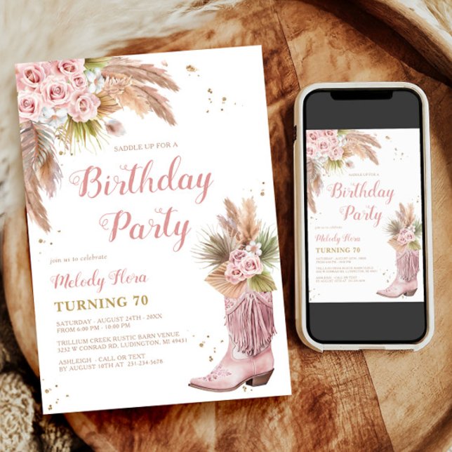 Boho Cowgirl Boot Pampas Grass Ro 70:e födelsedage Inbjudningar (Boho Cowgirl Boot Pampas Grass Roses 70th Birthday Invitation)