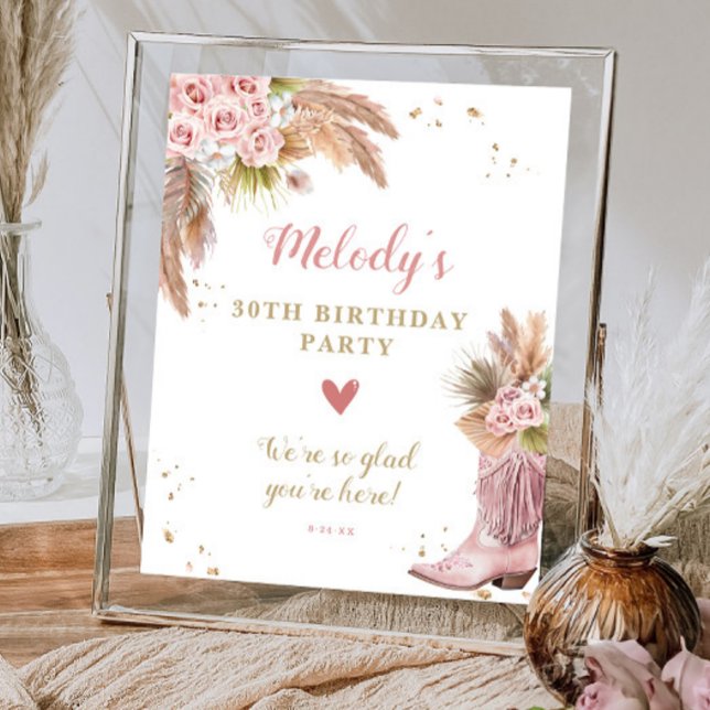 Boho Cowgirl Boot Pampas Grass Ro Välkommen Poster (Boho Cowgirl Boot Pampas Grass Roses Welcome Poster)