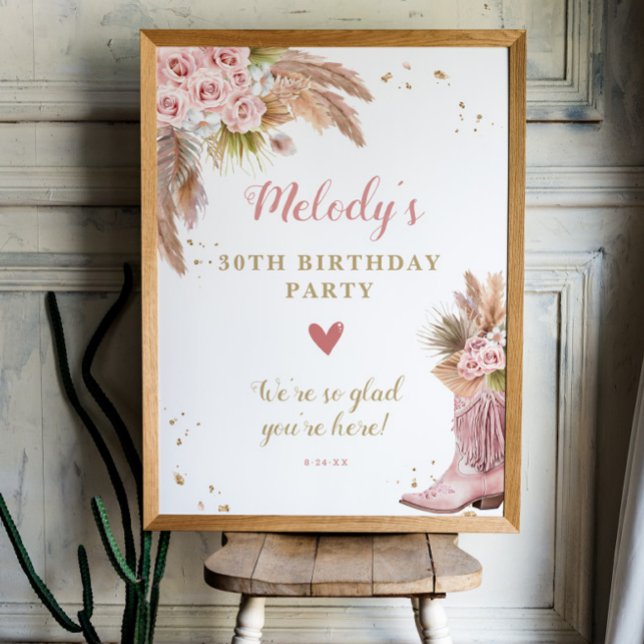 Boho Cowgirl Boot Pampas Grass Ro Välkommen Poster (Boho Cowgirl Boot Pampas Grass Roses Welcome Poste)