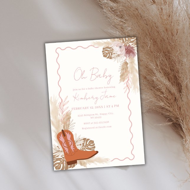 Boho Cowgirl Boots Pampas Grass Baby Shower Inbjudningar (Boho Cowgirl Boots Pampas Grass Baby Shower Invitation)