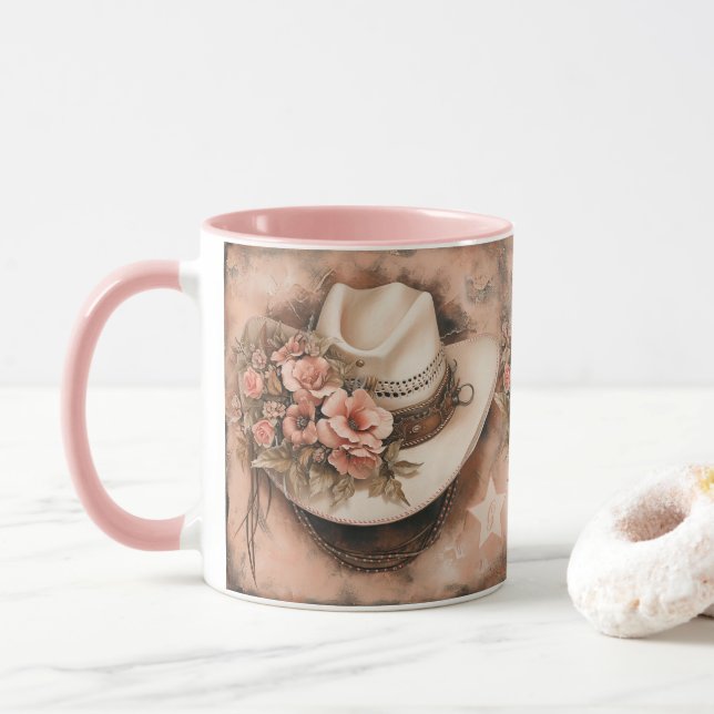 Boho Cowgirl Hatt Med Laxrosa Blommor Mugg (Med munk)