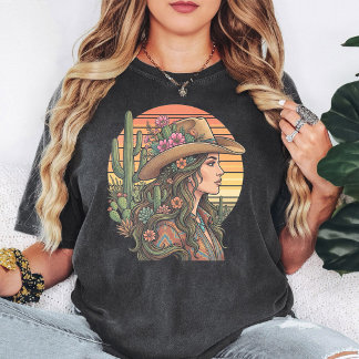 Boho Cowgirl Öken Solnedgång Kaktus Blommor T Shirt