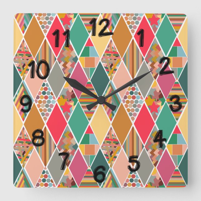Boho Crazy Quilt Fyrkantig Klocka (Framsida)