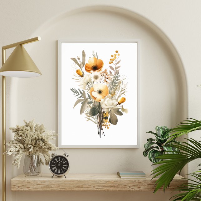 Boho Cream Beige Gult Blommigt Flowers Botanical Poster (Boho Cream Beige Yellow Floral Flowers Wall Art Poster)