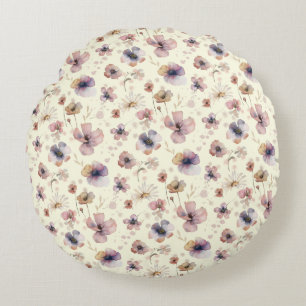 Boho Cream Blush Vattenfärg Vildblomma Rund Kudde