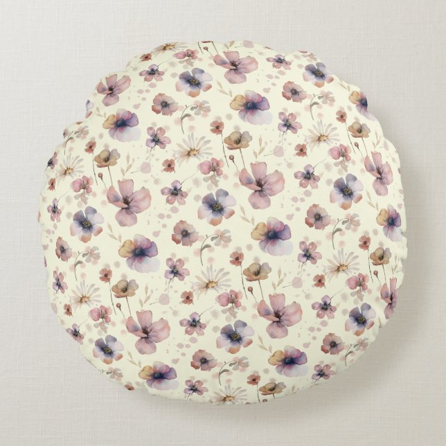 Boho Cream Blush Vattenfärg Vildblomma Rund Kudde (Framsidan)