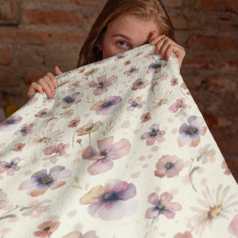 Boho Cream Blush Watercolor Wildflower Fleecefilt