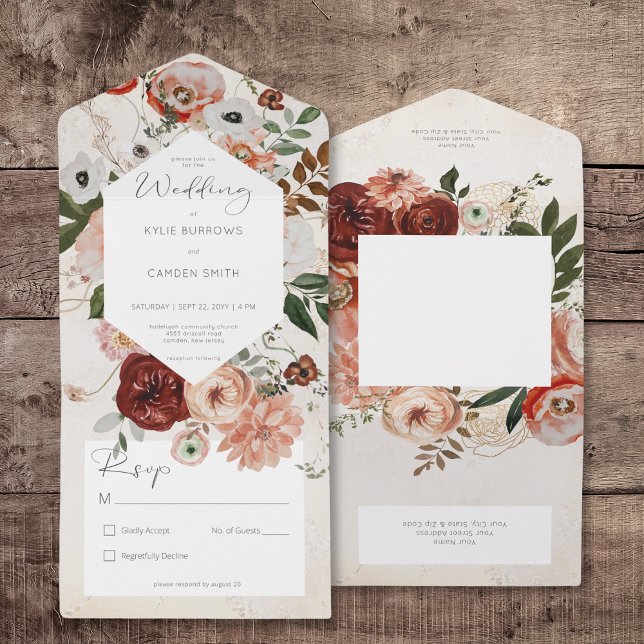 Boho Cream Burgundy Fall Blommigt No Middag (Boho Cream Burgundy Fall Floral No Dinner All In One Invitation)