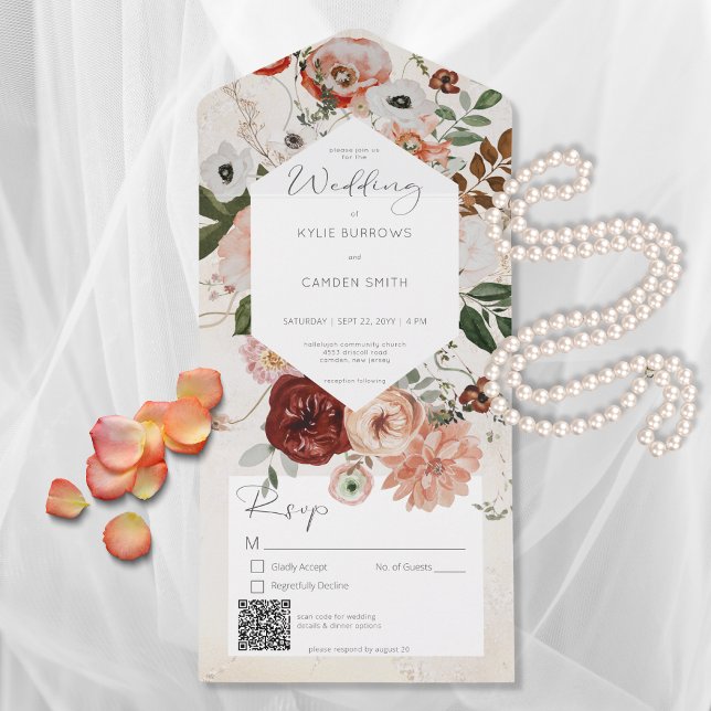 Boho Cream Burgundy Fall Blommigt QR-kod (Skapare uppladdad)