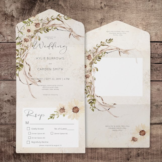 Boho Cream-Daisy och torkad gräsmattor (Boho Cream Daisies & Dried Grass Dinner All In One Invitation)