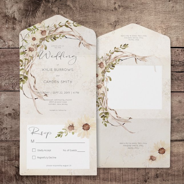 Boho Cream-Daisy och torkat gräs, nr. middag (Boho Cream Daisies & Dried Grass No Dinner All In One Invitation)