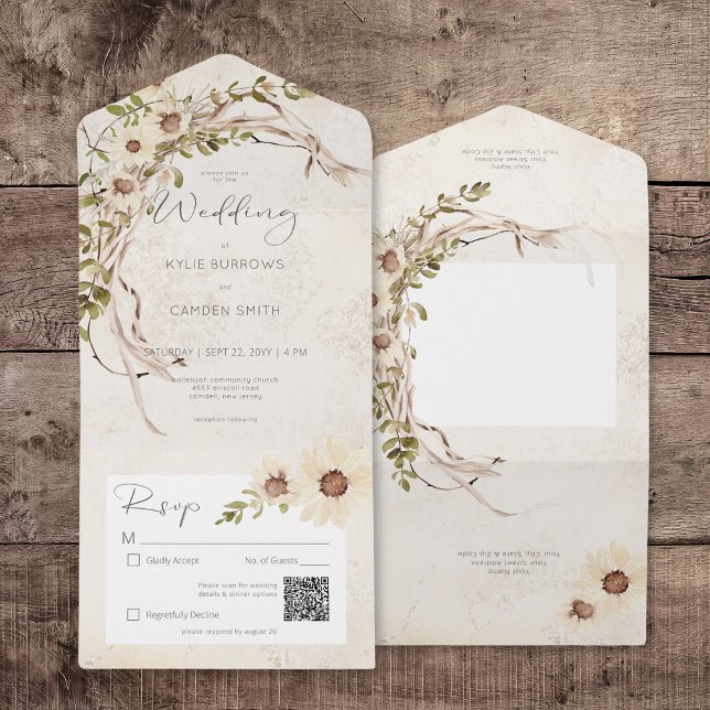 Boho Cream Daisys & Dried Grass QR-kod (Boho Cream Daisies & Dried Grass QR Code All In One Invitation)