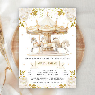 Boho Cream Guld Blommig Karusell Baby Shower Inbjudningar