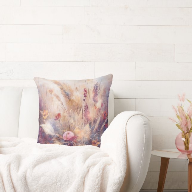 Boho Cream Red Rosa Blommigt Feathers Kudde (Soffa)