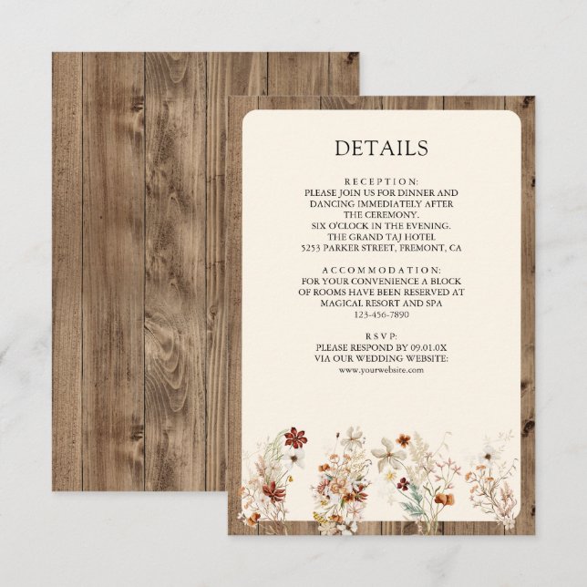 Boho Cream Wildflower Trä Bröllopsdetaljer Tilläggskort (Fram/baksida)