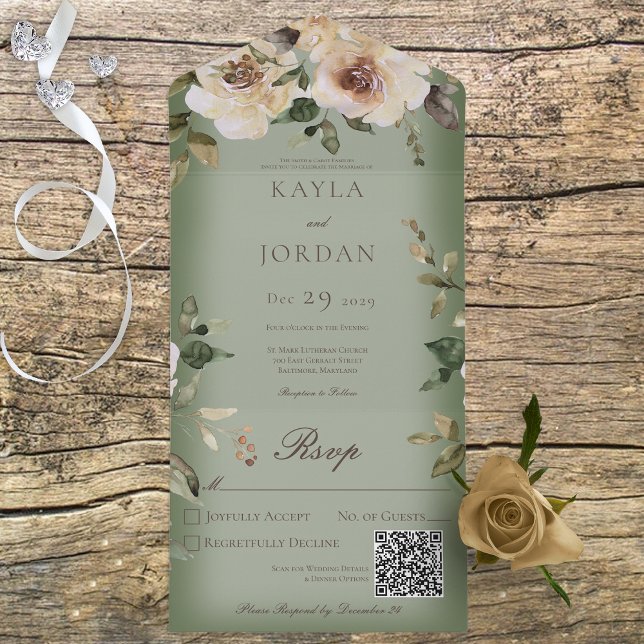 Boho Crème Rosor Salvia Grön QR-kod (Skapare uppladdad)