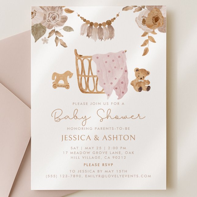 Boho Crib & Blommigt Baby Shower-inbjudan Inbjudningar (Skapare uppladdad)