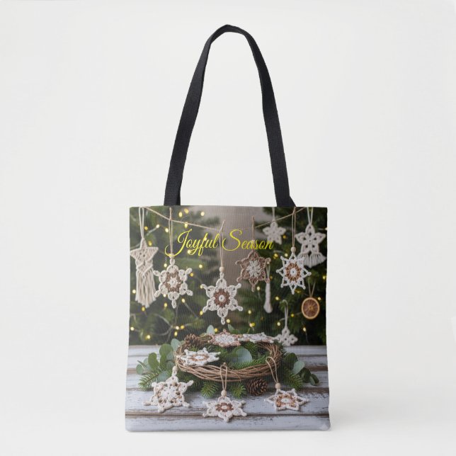Boho Crochet Snowflake jul Tote Bag Tygkasse (Framsida)