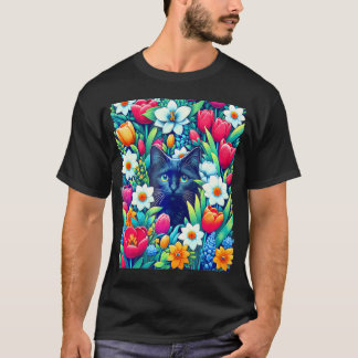 Boho Cute Blommigt Black Cat som Gömmer i Vår Flow T Shirt