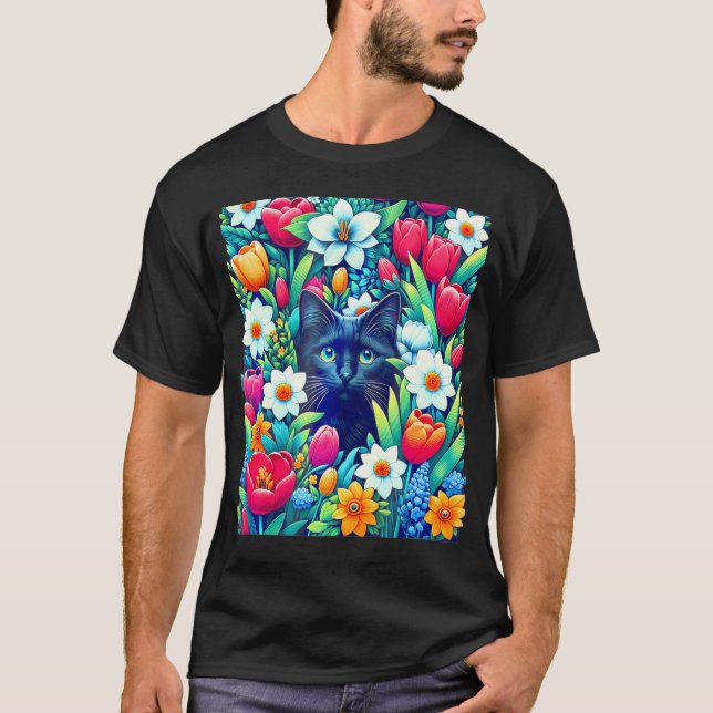 Boho Cute Blommigt Black Cat som Gömmer i Vår Flow T Shirt (Framsida)
