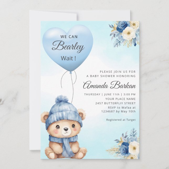 Boho Cute Boy Nalle Blue Balloon Baby Shower Inbjudningar (Framsida)