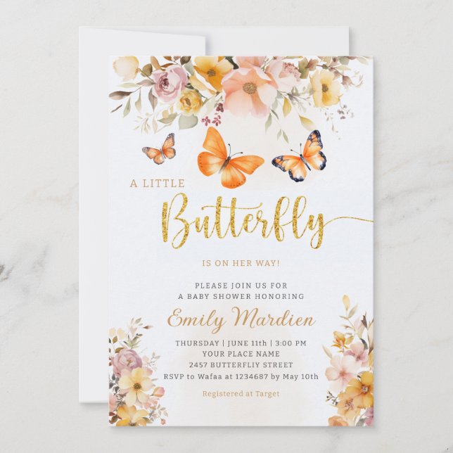 Boho Cute Butterfly WildblomGirl Baby Shower Inbjudningar (Framsida)