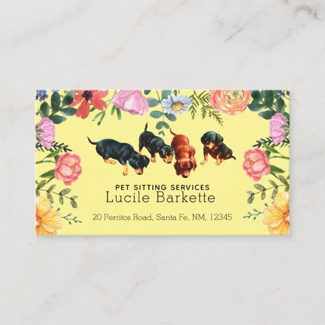 Boho Cute Dachshund Pet Sitting Wildflowers Yellow Visitkort (Framsida)