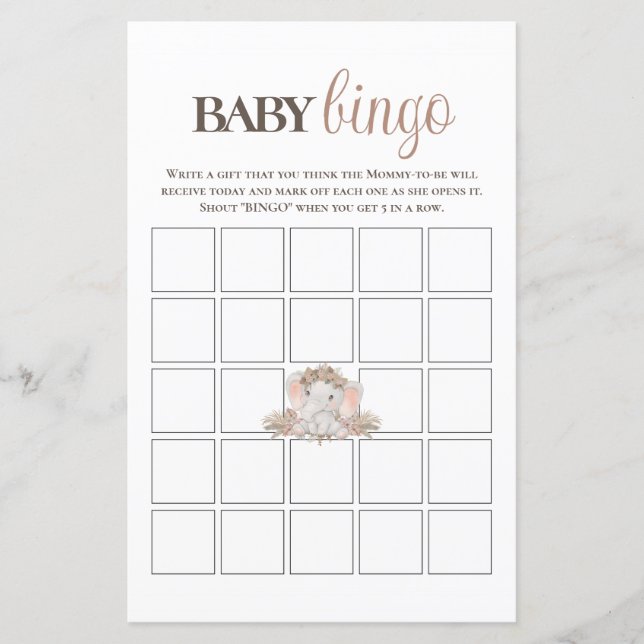 Boho Cute Elephant Baby Bingo Baby Shower Game (Framsida)