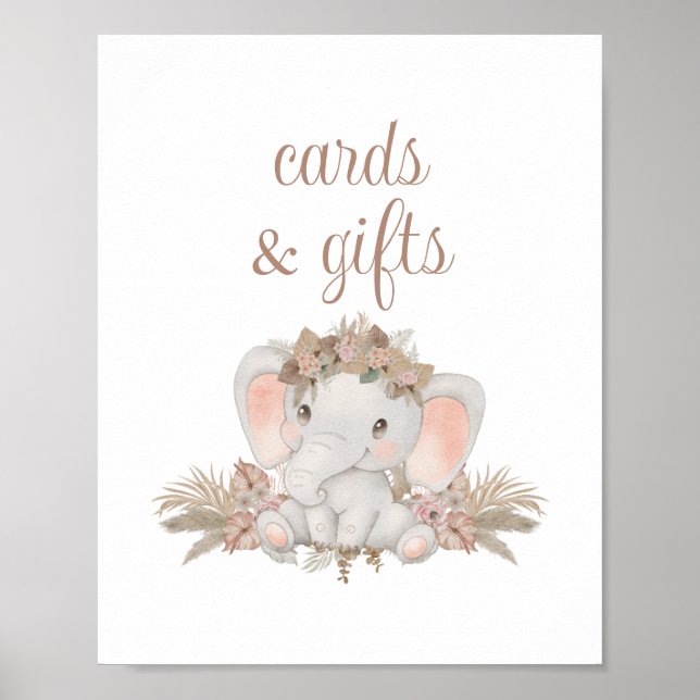 Boho Cute Elephant Baby Shower Card and Gifts Poster (Framsidan)