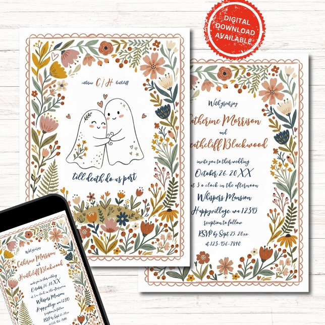 Boho Cute Ghosts Wedding Invitation Inbjudningar (Skapare uppladdad)