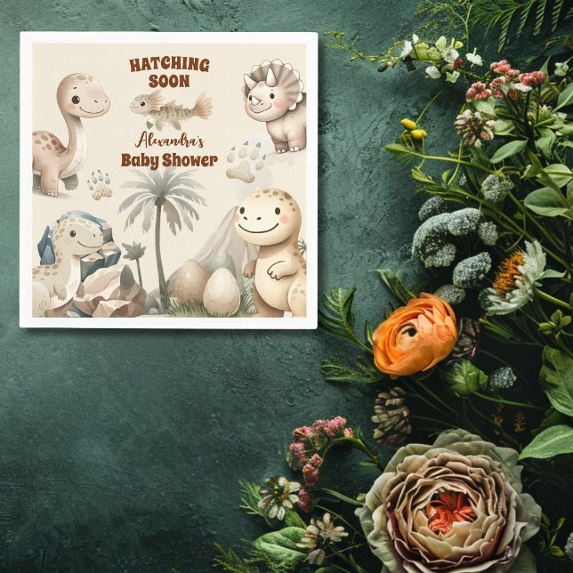 Boho Cute Hatching Soon Dinosaur Baby Shower Pappersservett (Skapare uppladdad)