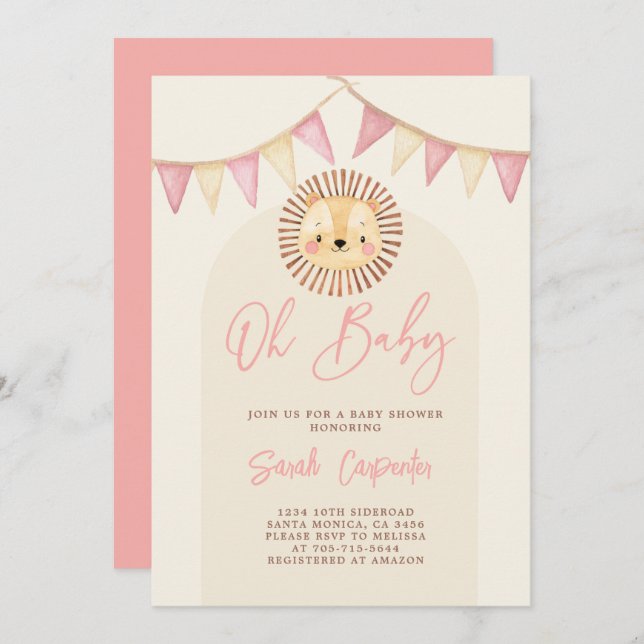 Boho Cute Lejon Baby Shower Girl-inbjudan Inbjudningar (Fram/baksida)