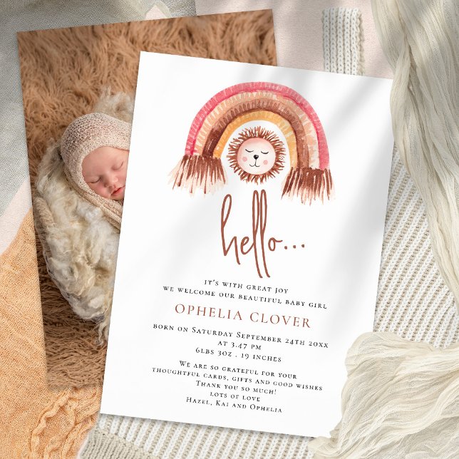 Boho Cute Lejon Rainbow Birth Notice Meddelande (Skapare uppladdad)