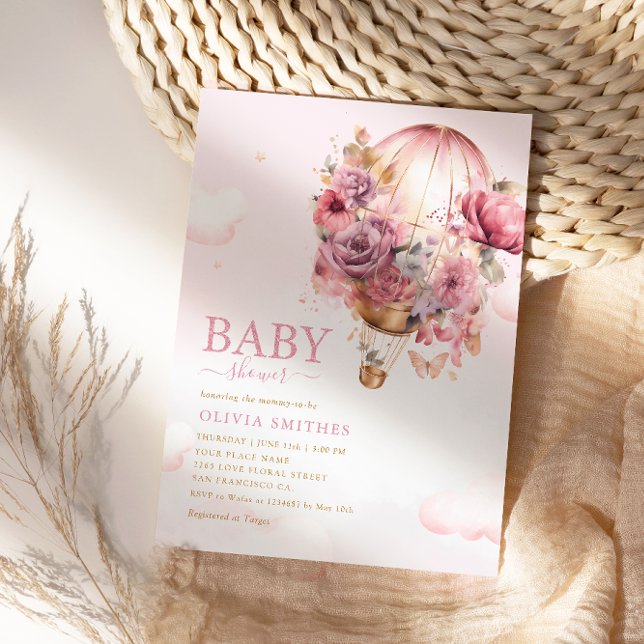 Boho Cute Rosa Blommigt Balloon Girl Baby Shower Inbjudningar (Skapare uppladdad)