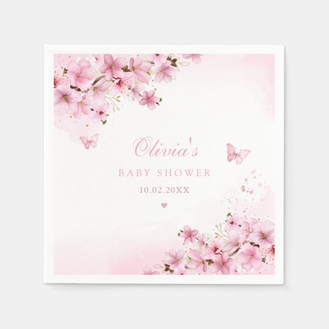 Boho Cute Rosa Blommigt Butterfly Girl Baby Shower Pappersservett (Framsidan)