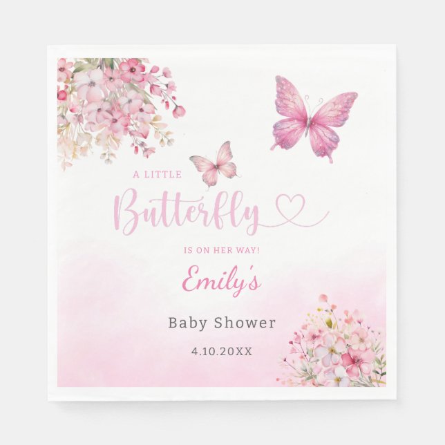 Boho Cute Rosa Blommigt Butterfly Girl Baby Shower Pappersservett (Framsidan)