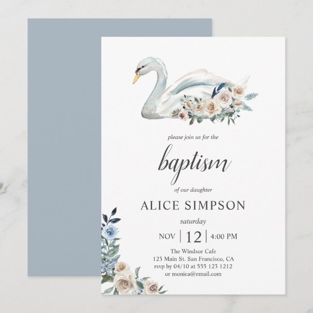 Boho Cute Svan Dusty Blue Beige Flowers Baptism Inbjudningar (Fram/baksida)