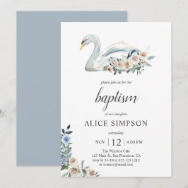 Boho Cute Svan Dusty Blue Beige Flowers Baptism Inbjudningar