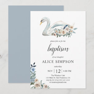 Boho Cute Svan Dusty Blue Beige Flowers Baptism Inbjudningar