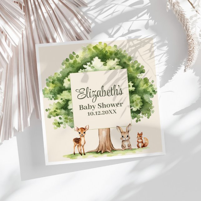 Boho Cute Woodland Animals Baby Shower Pappersservett (Boho Cute Woodland Animals Baby Shower Napkins on a sunny white table.)