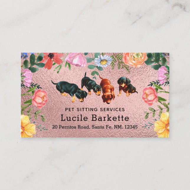 Boho Dachshund-hundvakt Vilda Blommor Rosa Folie Visitkort (Framsida)