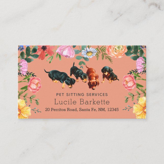 Boho Dachshund Husdjurs-Sittning Vilda Blommor Kor Visitkort (Framsida)