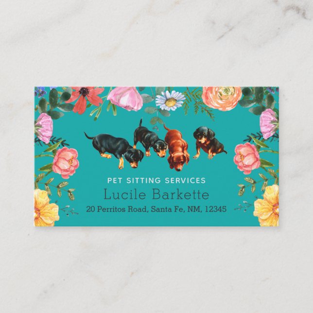 Boho Dachshund Pet Sitting Wildflowers Teal Blue Visitkort (Framsida)