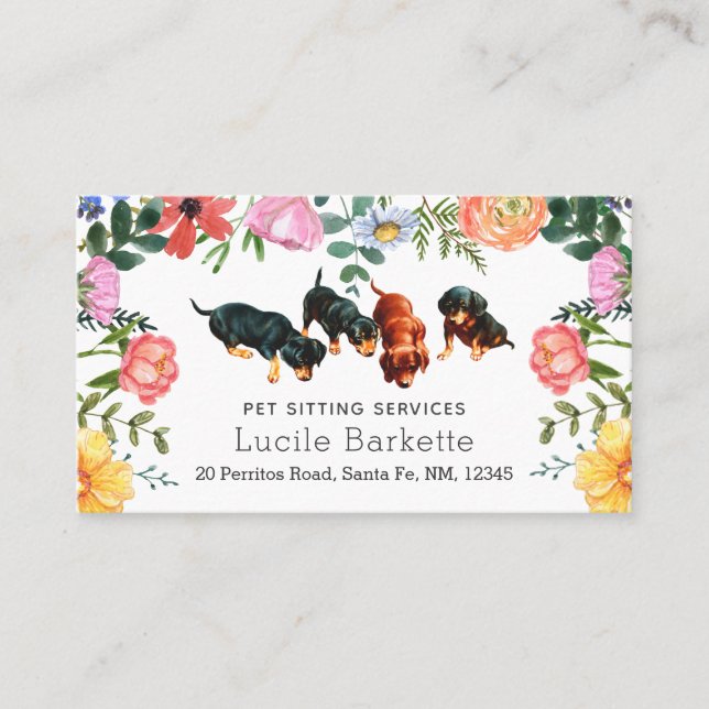 Boho Dachshunder Pet Sitting Vilda Blommor Vit Visitkort (Framsida)