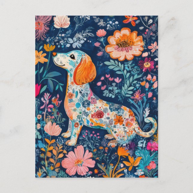 Boho Dackel mit Blumen Vykort (Framsida)