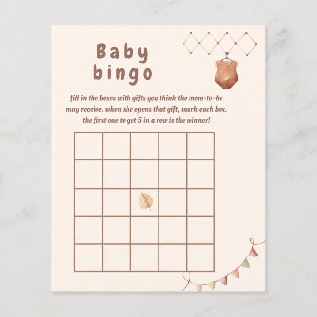 Boho-daghemmet Baby bingo-spel. (Framsida)
