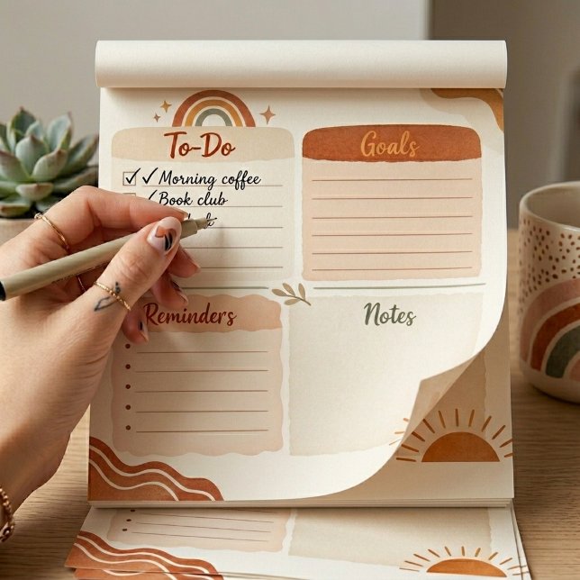 Boho Daily Planner Notepad – Att Göra, Mål & Antec Anteckningsblock (Skapare uppladdad)